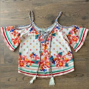 Flying Tomato, Floral Cold Shoulder, Flow Loose Top, XS, Lace Up, Bell Sleeves